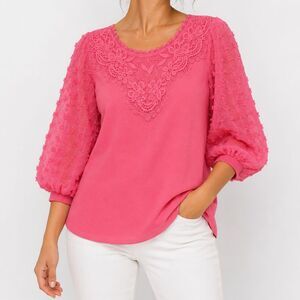 Joh. Apparel Pink Lace Sleeve Blouse XL Floral Crochet Neck Puff 3/4 Sleeve Top